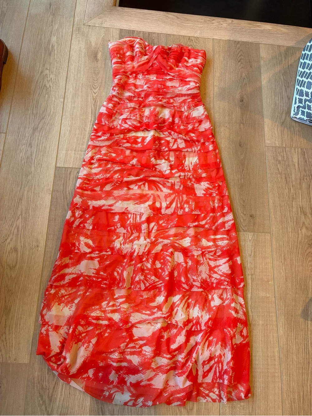 BCBGMaxazria fairy coral orange and cream Strapless Printed Maxi Dress bustier